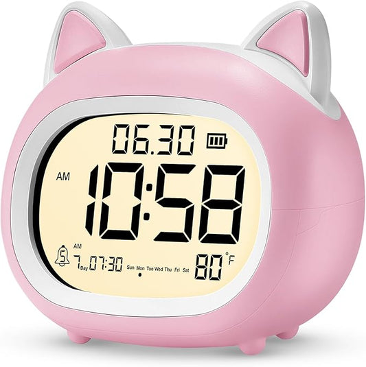 Kids Alarm Clock with Night Light for Kids, Small Digital Alarm Clocks for Bedrooms, Routine Builder, Cute Cat Alarm Clock with Sleep Training, Snooze, 12/24H, Date & Day, Temperature, USB Port