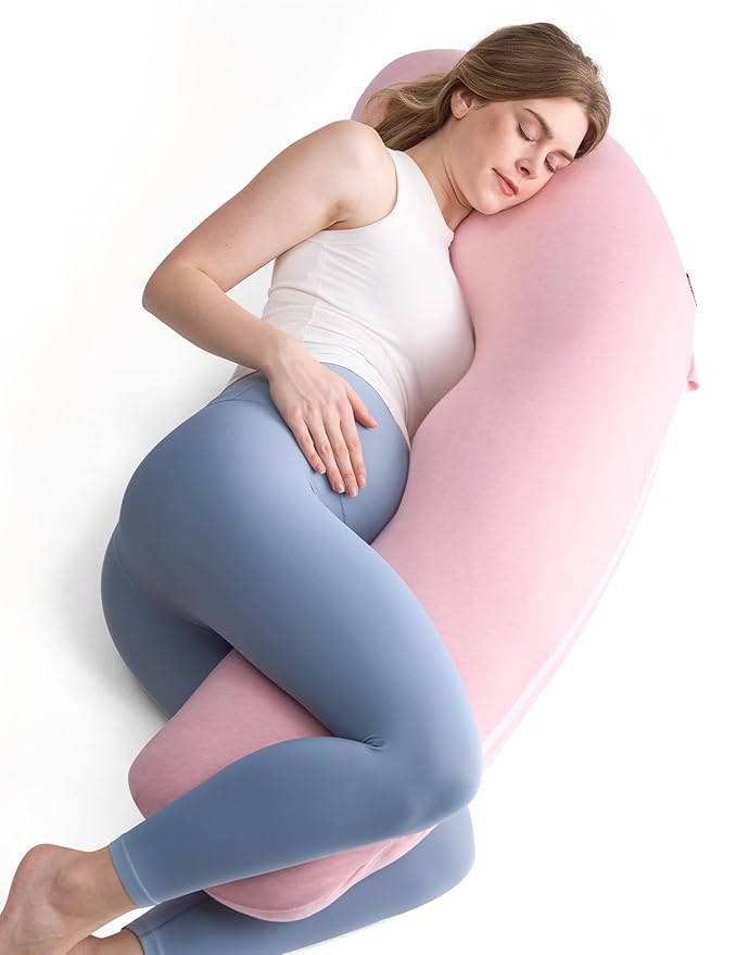 Momcozy Body Pillow for Pregnancy, J Shaped Pregnancy Pillows for Side Sleeping, Soft Maternity Pillow with Jersey Cotton Cover for Head Neck Belly Support, Pink