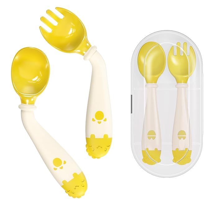 Deejoy Toddler Utensils, Self-feeding Flatware Set withTravel Case, Baby Spoons and Forks with Silicone Bendable Handle, Easy Grip Heat-Resistant, Ideal for Kids, Stage 2 (Yellow)