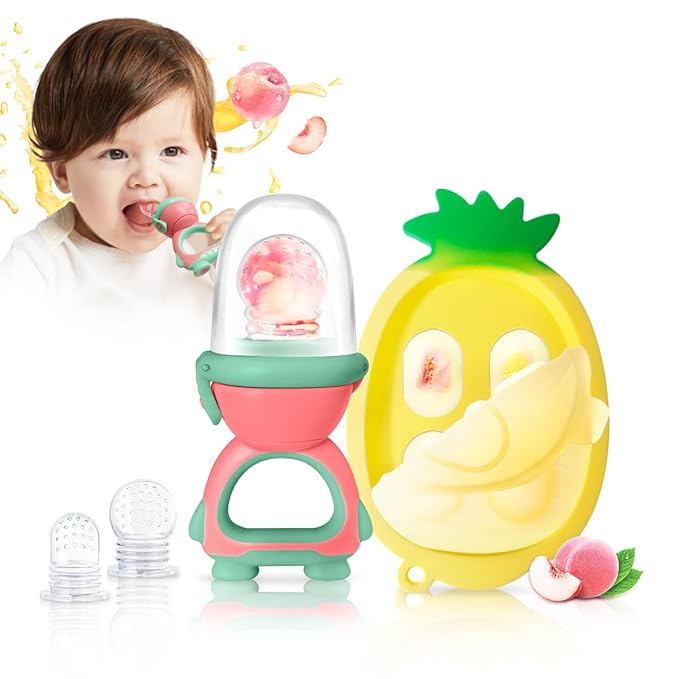 Baby Fruit Food Feeder - Silicone Nibble Tray Combo - Breastmilk Popsicle Mold for Cooling Relief, BPA Free Mesh Feeder for Infant Self Feeding (Robot Pink + Pineapple)