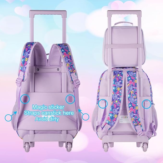 Rolling Backpack for Girls, Cute Rabbit Roller Wheels Kids Bookbag - Wheeled Elementary School Bag - 3PCS Rabbit
