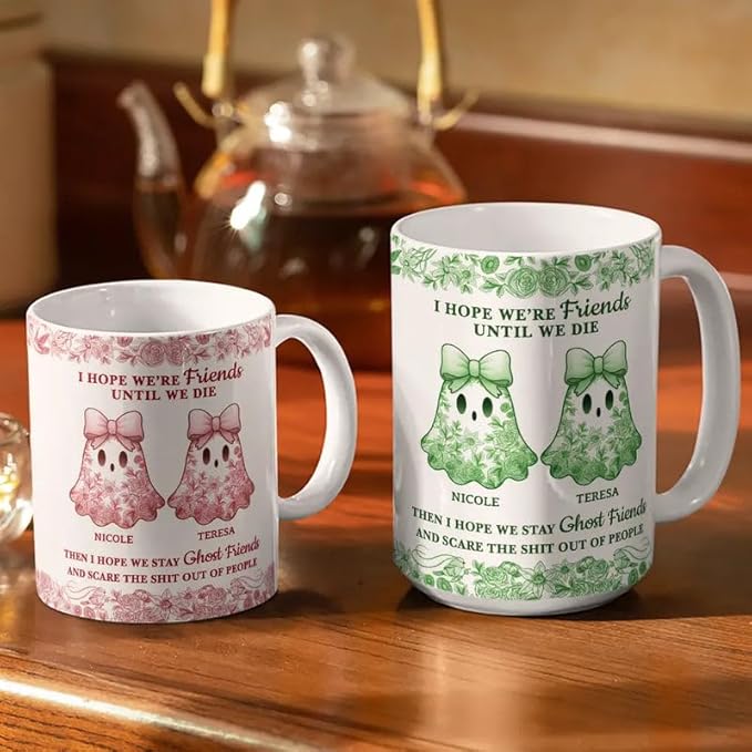 Personalized Mug - Trendy France-China Inspired Design - Fun Gift for Best Friends, Halloween Coffee Tea Cup - Cute Ghost Bestie Friends Until We Die Toile De Jouy Pattern