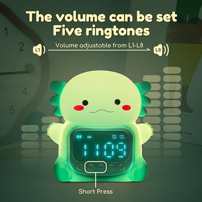 Axolotl Alarm Clock with Night Light for Kids, 7 RGB Color Cute Alarm Clocks for Bedrooms Ok to Wake Clocks, Silicone Animal Tabletop Lamp for Teen Girls Boys, Green