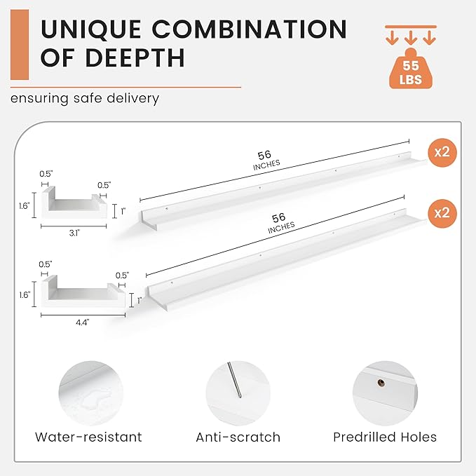 Floating Picture Ledge Shelves for Wall Set of 4, 56 Inch Wall Shelves with Lip Long Large Nursery Book Shelf for Toys Storage Kids Bookshelf Wall Mounted Living Room Bedroom Decor Frames