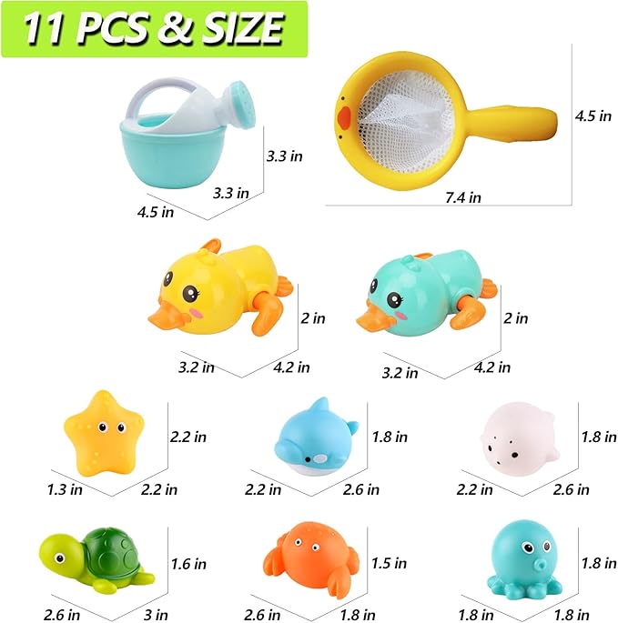 Bath Toys for Babies 6-12 Months+, Wind-up Ducks Bath Toys for Kids Ages 1-3, No Hole Ocean Animal Floating Pool Toys, Watering Can Fishing Net Water Toys for Toddlers