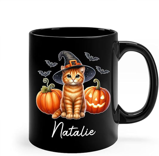 Custom Halloween Orange Tabby Coffee Cup, Personalized Name Orange Tabby with Pumpkins Ceramic Mug, Cat Witch Pumpkin Mug 11oz 15oz, Pet Cat Halloween Black Cup, Gift Idea for Pet Enthusiast