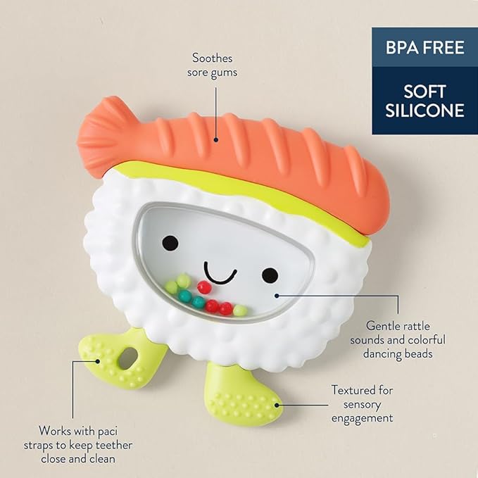 Itzy Ritzy Silicone Rattle Teether– BPA-Free Silicone Teether with Rattle for Babies & Toddlers – Features a Gentle Rattle Sound, Colorful Beads & Multiple Textures (Sushi)