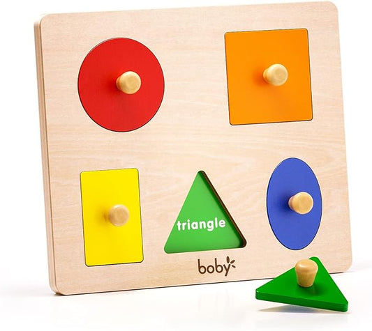 Boby Montessori Wooden Puzzle Board Knob Wooden Puzzle Geometric Shape Puzzle Early Education Material Sensorial Toy for Toddler Shape & Color Sorter (5 Geometry Shape)