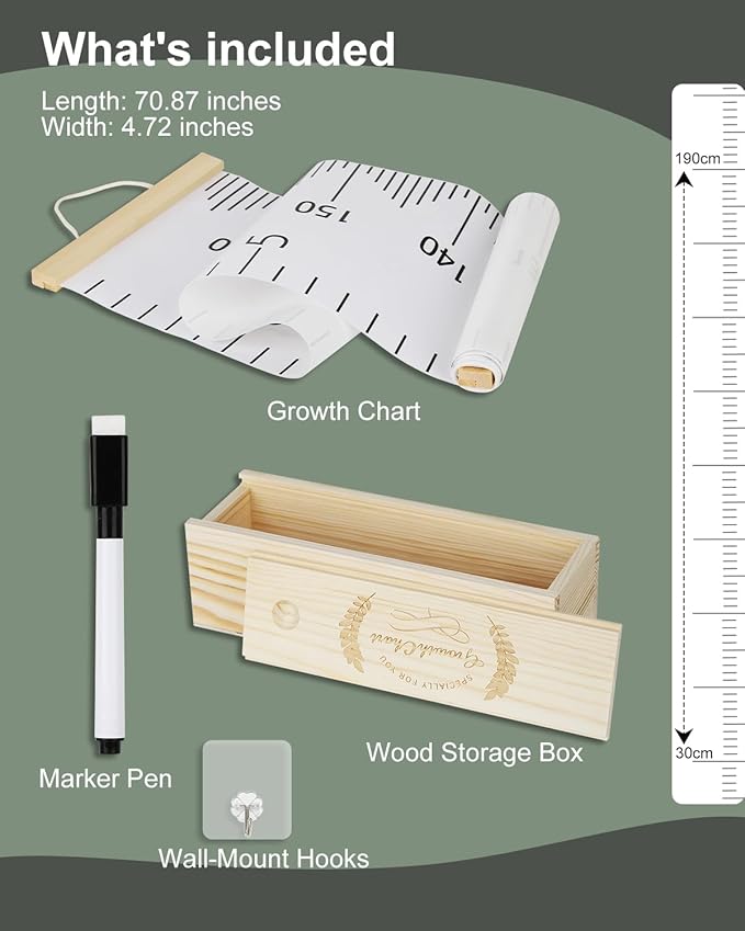 6.5FT Growth Chart for Kids with Wooden Keepsake Box - Children Height Measurement Kit Includes Marker Pen & Wall Hook, Height Tracker Ruler Baby Essentials, Nursery Room Decor Gift for Baby to Teen