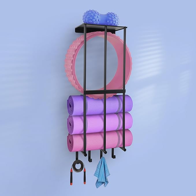Yoga Mat Holder Yoga Mat Holder Wall Mount Home Gym Accessories Organizer,Towel Storage Rack with 4 Hooks for Hanging Foam Roller and Resistance Bands Gym Organization for Home Gym