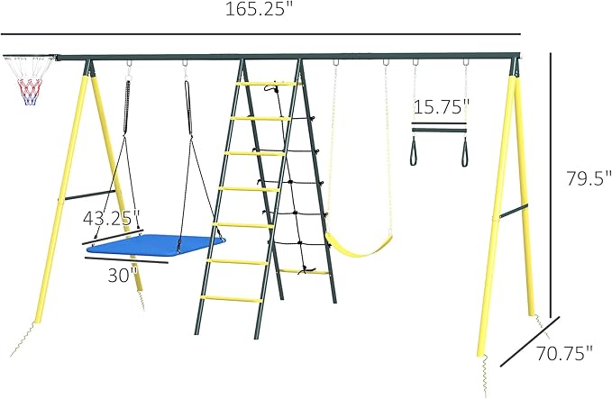 Outsunny 440 lbs Swing Set for Backyard, 5 in 1 Heavy-Duty A-Frame Stand Outdoor Playset for Kids, with Saucer Swing, Slide, Swing Seats, Gym Rings, Basketball Hoop, Climbing Steps and Net