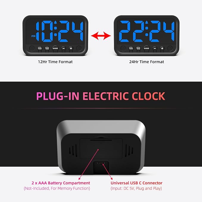 Small LED Digital Clock for Bedroom, Loud Alarm Clock for Heavy Sleepers Adults, Teens | Plug-In Electric Desk Clock | Simple Bedside Nightstand Clock with Adjustable Volume/Brightness/Snooze – Blue
