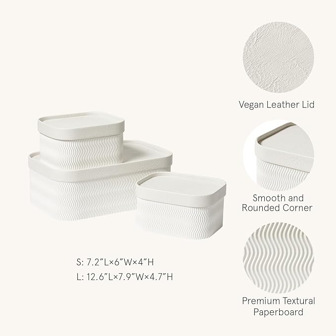 LA JOLIE MUSE Fluted Cardboard Storage Baskets with Leather-Like Lids, Paper Boxes Decorative Tray, Modern Basket Organizer Bins for Organizing,Eggshell White