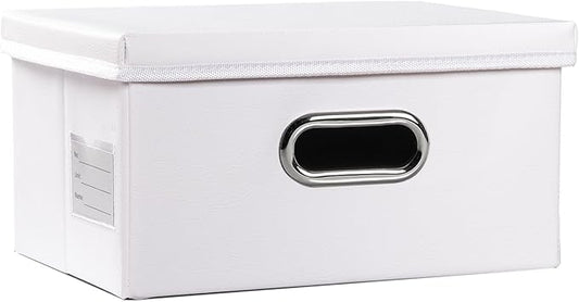 PRANDOM Collapsible Storage Box with Lid [1-Pack] Leather Fabric Foldable Storage Bin Organizer Container Basket Cube with Cover for Home Bedroom Closet Office Nursery White (13.6x9.6x6.9)
