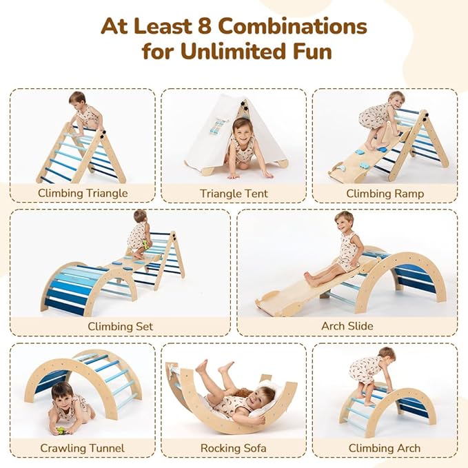 Pikler Triangle Set with Cushion, 8-in-1 Toddler Climbing Toys Indoor, Wooden Montessori Climbing Set with Arch Ramp,Ladder&Tent Cloth, Baby Indoor Climber Jungle Gyms for Toddlers Toy, Blue