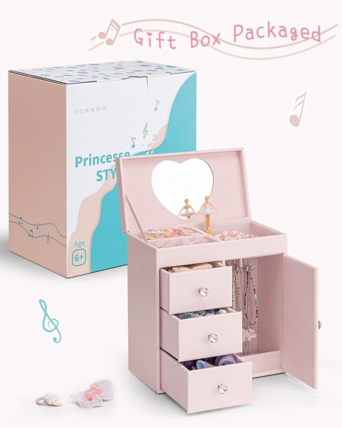 Vlando Musical Jewelry Box for Girls, Large Kid Music Box with Ballerina for Birthday Bedroom Decor, 4 Layer Girl Jewelry Gifts for Girls Kids - Light Pink