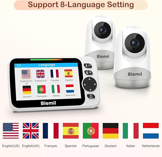 Upgrade Baby Monitor with 30-Hour Battery, 5" Large Split-Screen Video Baby Monitor with 2 Cameras and Audio, Remote Pan/Tilt/Zoom, Two-Way Talk, Room Temperature, Auto Night Vision