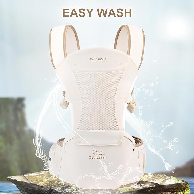 Bebamour Baby Carrier with Hip Seat,All-Position Breathable Mesh Hip Seat & Carrier 0-36Months with Head Hood, 3 PCS Teething Pads, Waist Extender,Storage Bag & Pacifier Case(Khaki)