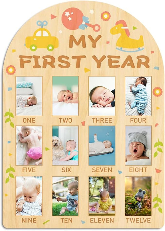 ORIGACH My First Year Baby Growth Photo Display Wood Board - 12 Months Newborn Milestones Photo Board - Neutral Baby Keepsake Frame 1st Birthday Party Nursery Decor New Mom Gift - Car & Rocking Horse