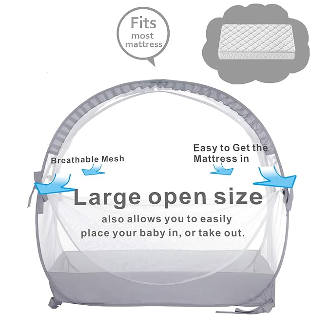 Baby Safety Crib Tent Infant Pop up Mosquito Net Nursery Bed Canopy Netting Cover - Keep Baby from Climbing Out with Hanging Diaper Storage Bag (Gray)