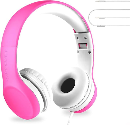 LilGadgets Connect+ Girls Headphones for School Wired with Microphone, Volume Limiting for Safe Listening, Adjustable Headband, Cushioned Earpads for Comfort, Kids Headphones for School, Pink