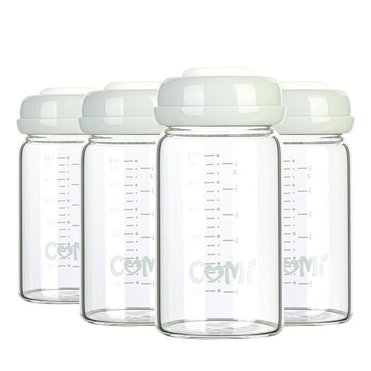COMI Wide Neck Glass Breastmilk Collection n Storage Bottle, 4 Packs, 6oz with Screw Ring Sealing Disk; Re-markable Sealing Disc. BPA Free, Fits Breast Pumps & Nipples (4 Gray Lids)