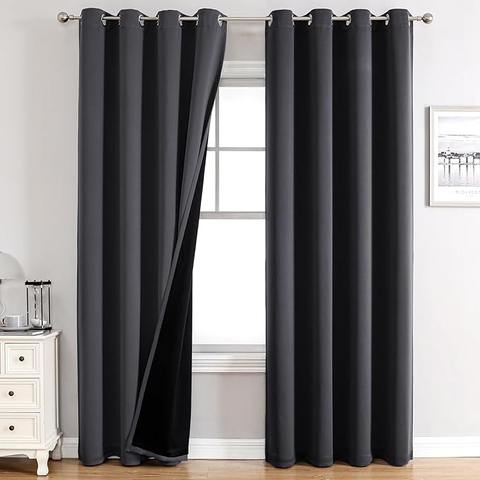 ChrisDowa 100% Blackout Curtains 90 inch Long for Bedroom with Black Liner, 2 Thick Layers Total Blackout Thermal Insulated Grommet Long Window Curtains 2 Panels Set (Dark Grey, 52 x 90 Inch)