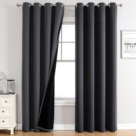 ChrisDowa 100% Blackout Curtains 90 inch Long for Bedroom with Black Liner, 2 Thick Layers Total Blackout Thermal Insulated Grommet Long Window Curtains 2 Panels Set (Dark Grey, 52 x 90 Inch)
