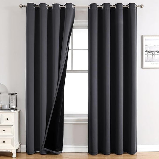 ChrisDowa 100% Blackout Curtains 108 inch Long for Bedroom with Black Liner, 2 Thick Layers Total Blackout Thermal Insulated Grommet Window Curtains 2 Panels Set (Dark Grey, 52 x 108 Inch)