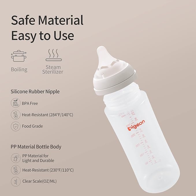 Pigeon PP Nursing Bottle Wide Neck, Anti-Colic, Streamlined Body, Natural Feel, Easy to Clean, 11.2 Oz (Pack of 3), Includes 3pcs L Nipples (6m+)