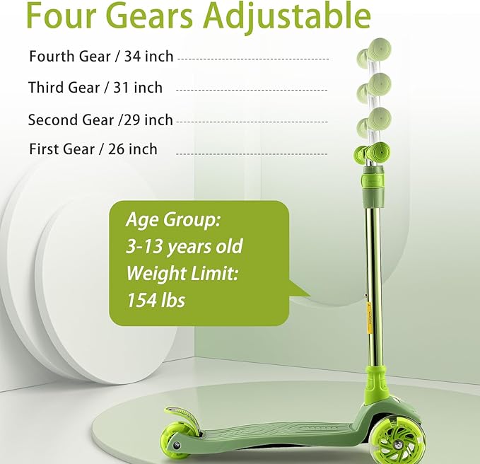 3 Wheel Scooter for Kids Ages 6-12,Kids Scooter with Light Up Wheels, Sturdy Deck Design, and 4 Height Adjustable Suitable for Kid Ages 3-12