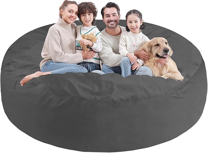 7FT Bean Bag Chair, Large Bean Bag Chairs with Memory Foam Filled, Fluffy Beanbag Sofa with Dutch Velvet Cover, Round BeanBag Chairs for Living Room, Playroom - Grey