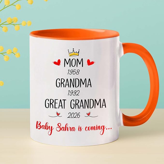 Mom Grandma Promoted To Great Grandma Coffee Mug Cup 11 15 Oz, Personalized New Great-Grandmother Ceramic Coffee Cup EST. 2026, Customized Choose Name White Accent Mug Gift For Pregnancy Announcement