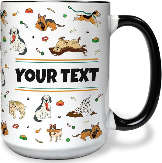 Personalized Mug for Kids - Dogs - Custom Name/Text, Ceramic Hot Chocolate/Cocoa/Coffee Cup for Boys/Girls, Birthday/Christmas/Holiday Gift - 15 oz, Black Handle