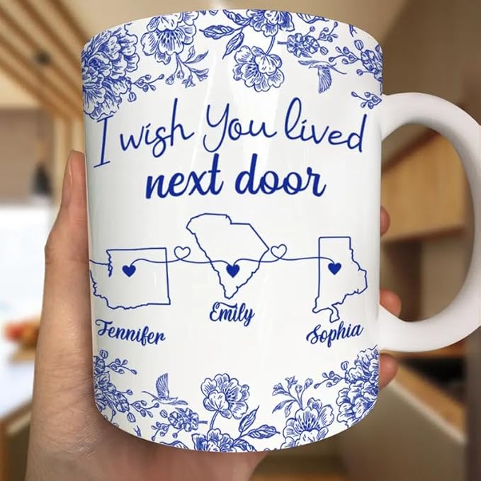Personalized Mug - Chinoiserie Toile I Wish We Lived Closer - Trendy France-China Inspired Design - Christmas Birthday Gift for Girl Friends Besties BFF Best Friend Wildflower Floral Frame