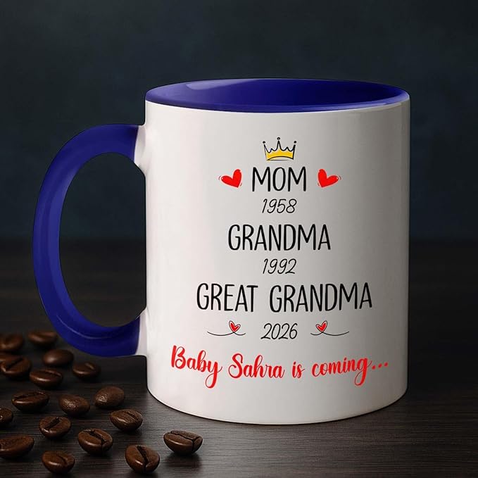 Mom Grandma Promoted To Great Grandma Coffee Mug Cup 11 15 Oz, Personalized New Great-Grandmother Ceramic Coffee Cup EST. 2026, Customized Choose Name White Accent Mug Gift For Pregnancy Announcement
