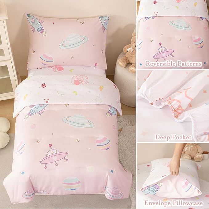 PERFEMET 4 Piece Toddler Girl Bedding Set Space Theme Pink Toddler Bed Set with Sheets Soft Reversible Astronaut Planets Crib Bed Comforter for Kids Girls