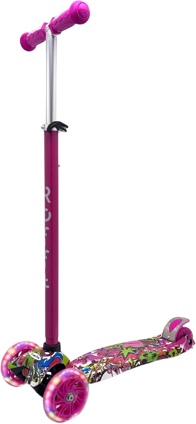 Maxi Scooter for Kids Ages 6-12 Lean-to-Steer 3 Wheel Scooter for Kids Ages 6-12 PU Light-Up Wheels Kids Scooter Adjustable Height Light Weight Aluminum Scooters T-Bar Colorful Design Printed