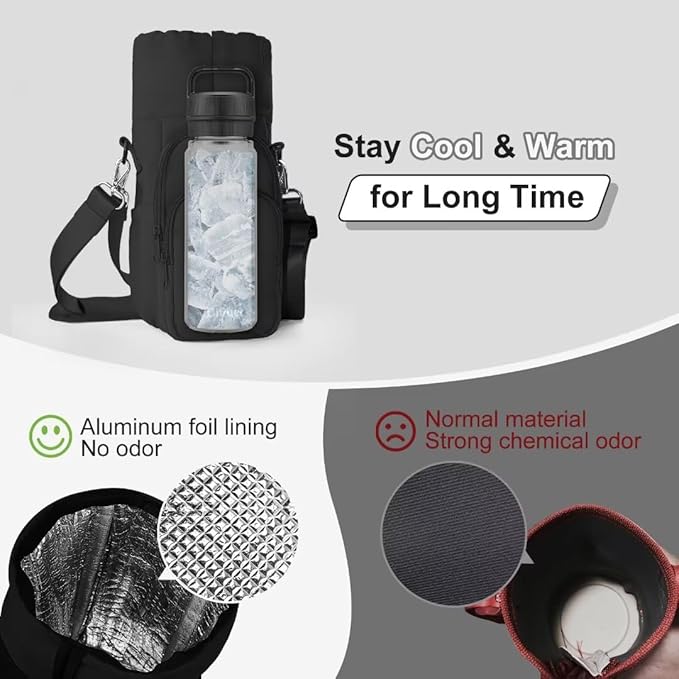 Water Bottle Holder with Strap, 4 Big Pockets with Compartment, 24oz/32oz/40oz Crossbody Water Bottle Carrier Bag