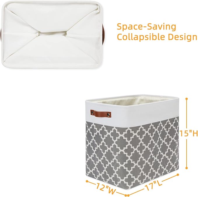 DULLEMELO Storage Baskets Large 17"x12"x15" Foldable Rectangular Storage Bins Baskets for Organizing [2 Pack] Fabric Nursery Storage Baskets for Home,Office,Closet,Clothes,Toys (White&Lattice Grey)