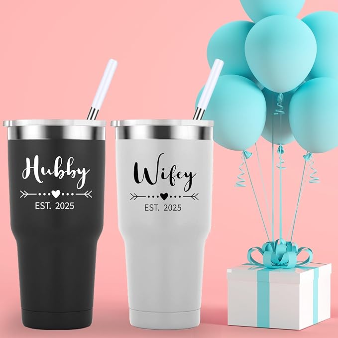 Mamihlap Hubby & Wifey Est 2025 Travel Mug 30oz Tumbler.Valentine’s Day Gifts.Anniversary Wedding Engagement Gifts.Gift for Couple Her Him Bridal Shower Husband Wife Newlywed Couple.(Black&White)