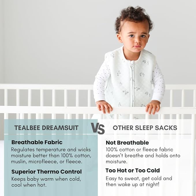 Tealbee DREAMSUIT: Toddler Sleep Sack with Feet 12-18 months, 18-24 months - 0.8 TOG Lightweight Baby Wearable Blanket for Walkers - Rayon made from Bamboo, Organic Cotton Sleeping Bag - Croissant