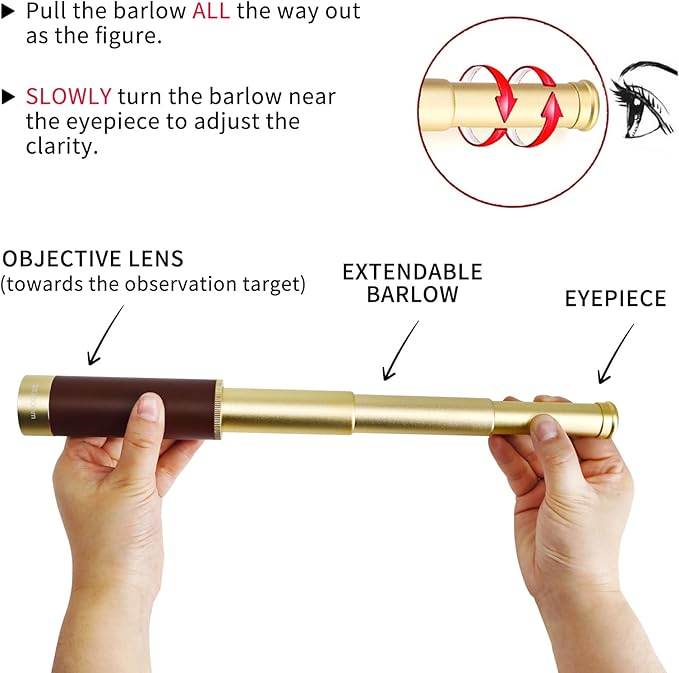 NewDoar 25x30 Zoomable Monocular Vintage Pirate Telescope - Waterproof Aluminum Alloy Brass Adjustable Optics Telescope for Travel Navigation Sailing Voyage View Watching Games(Gold)