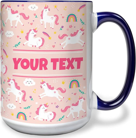 Personalized Mug for Kids - Pink Unicorn - Custom Name/Text, Ceramic Hot Chocolate/Cocoa/Coffee Cup for Girls, Birthday/Christmas/Holiday Gift - 15 oz, Navy Blue Handle