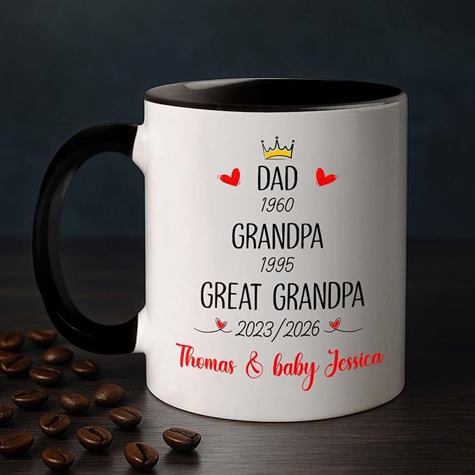 Dad Grandpa Great Grandpa EST 2026 Coffee Mug 11 15 Oz, Novelty Accent Ceramic Cup Gift For Pregnancy Announcement, Customized Choose Year & Name White Coffee Cup New Great-Grandfather Grandad Pawpaw
