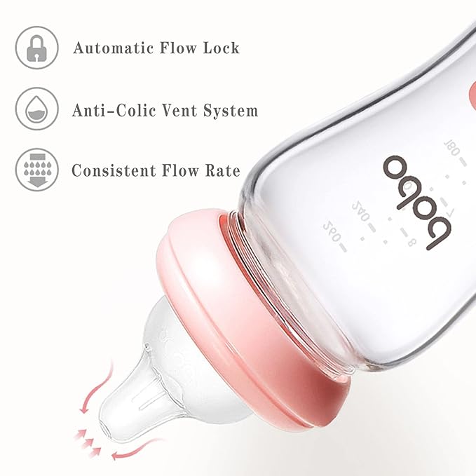 YOHKOH Natural Glass Baby Bottle with Natural Response Nipple, Newborn Anti-Colic Baby Bottles, Wide Neck Mushroom Cap Baby Bottle, Clear (Green, (8.8oz (Pack of 2))