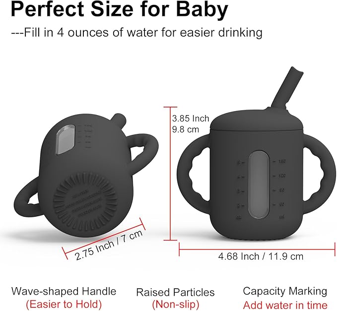Seposeve 2 Pack Silicone Sippy Cups, Leak-Proof Baby Straw Cup for 6-12 Months, Spill Proof Toddler Cup with Straw 1-3 Years, with Capacity Marking, Non-slip Handle, Flow Control, 6 oz, 2 Black