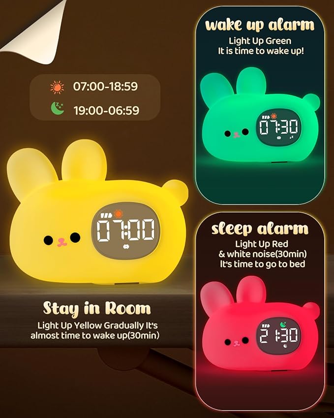 Bunny Alarm Clock for Kids with Night Light, Sleep Training Clock Time to Wake Clock, Rechargeable Silicone Light for Bedroom, Perfect Sleep Companion for Boys Girls