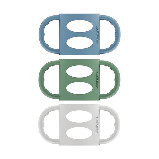 Dr. Brown's Narrow Baby Bottle Handles, 100% Silicone, Easy Grip Removable Handles for Bottle to Sippy Cup Transition, Blue/Gray/Green, 3-Pack, 4m+