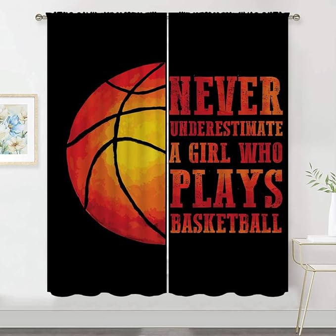 Red Basketball Blackout Curtains for Boy Girl Room Darkening Decor,Sport Theme and Motto Dark Background Bedroom Living Room Home Rod Pocket Thermal Insulated Window Curtain/Drapes Panel,84x84 Inch…